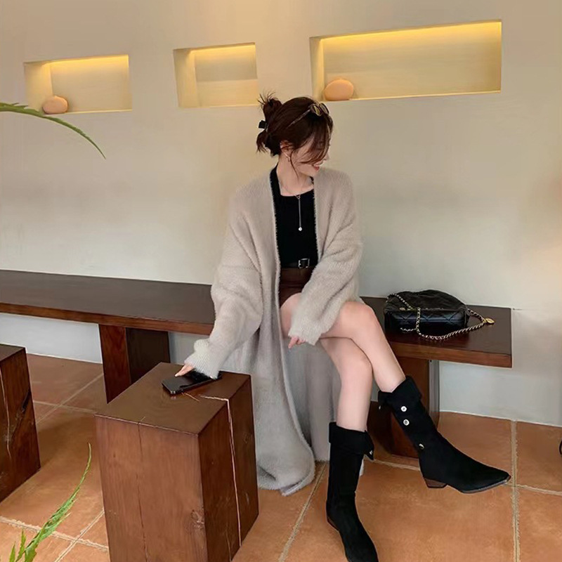 牛皮版~葡萄妈复古尖头粗跟增高西部牛仔靴子中筒瘦瘦靴女复古风|undefined