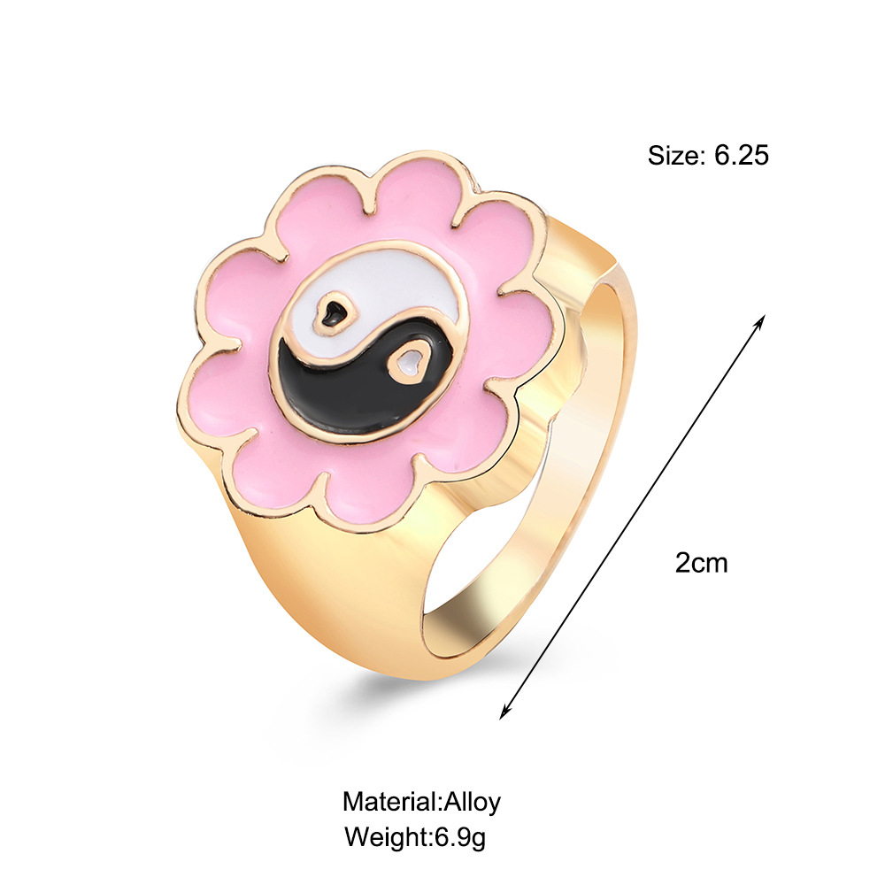 Cross-border Ins New Oil-spot Glaze Flowers Ring Sweet Loving Heart Gossip Tai Chi Ring Color Retention Electroplating Index Finger Ring Female display picture 1