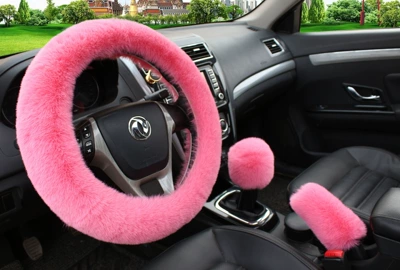 Winter car wool steering wheel cover car handle cover sheep sheared short woolen handle cover Rex rabbit plush steering wheel cover (Steering wheel cover) - pink-three-piece-set-38cm