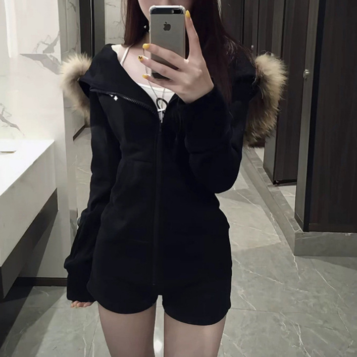 魔西女王深灰色连帽修身卫衣毛领外套秋冬美式高端拉链连帽衫女装|undefined