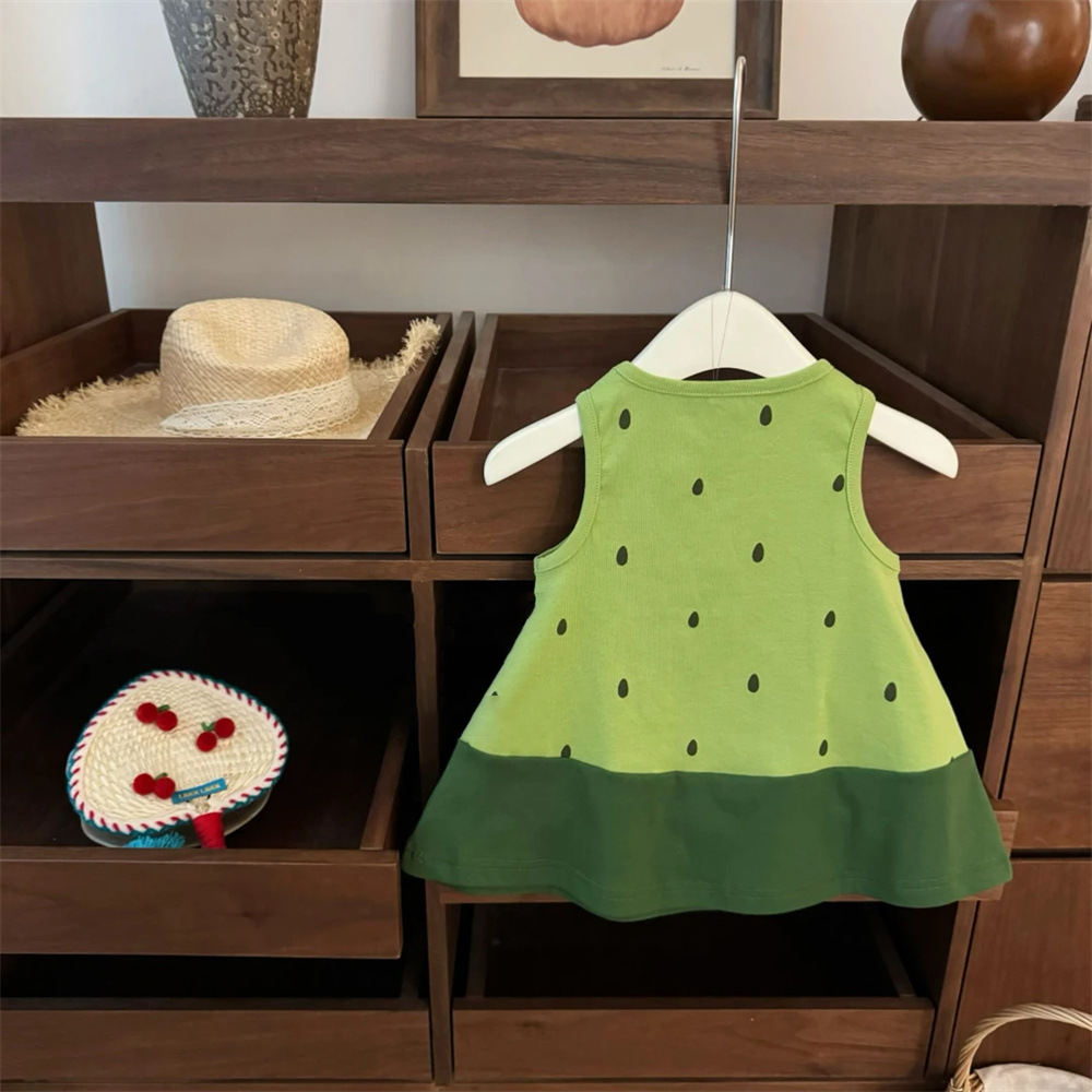 Vestido de bebé de siete niñas de limón salado verano nuevo estilo 25 verde fresco chaleco de sandía falda costura vestido de princesa tridimensional