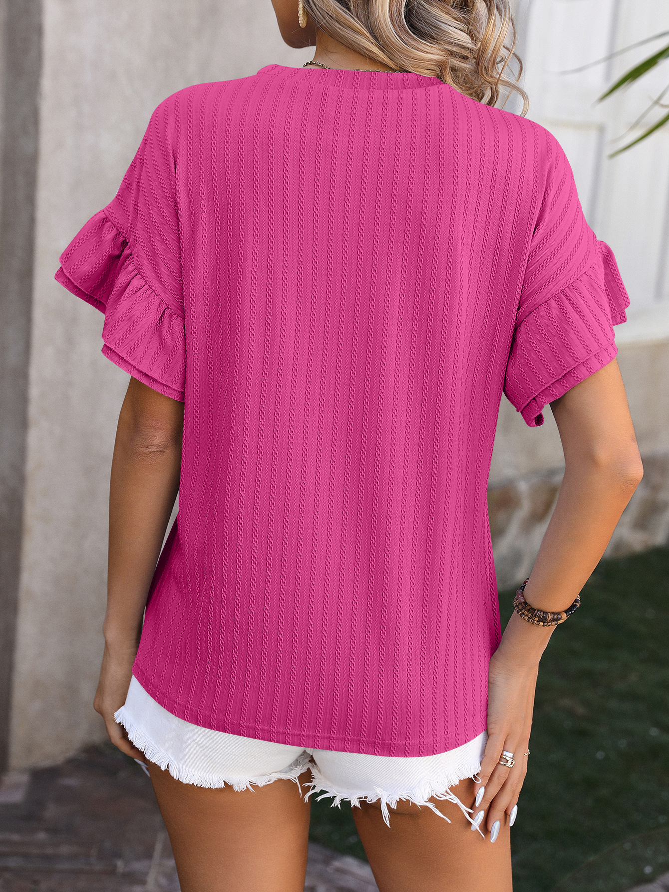 210g Weight Short Sleeve Sleeve Length Pullovers Placket Type Flounce Sleeve Sleeve Type Spandex, Polyester Fabric Type Regular Top Length T-shirt Tops Type Daily Occasion Round Neck Neckline Loose Fit Type Solid Color Pattern Summer, Spring Season Women's Gender Elegant Style Wholesale Women's Elegant Solid Color Short Sleeve T-Shirts 19