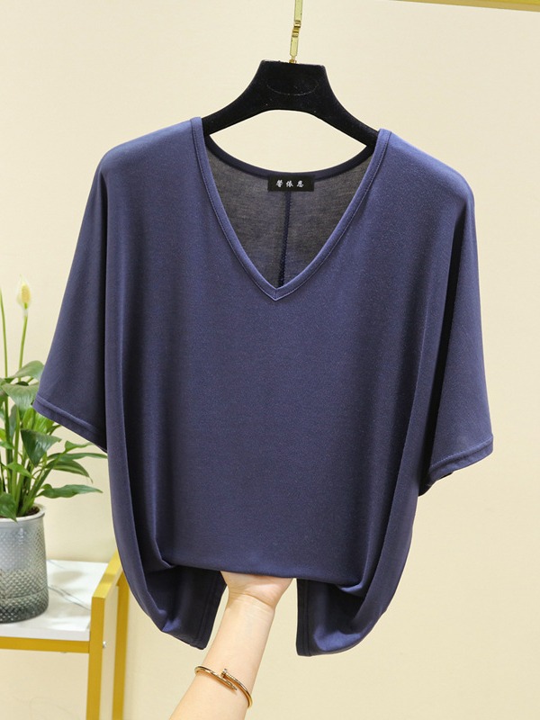 Modal T-Shirt for Women, Summer Short-Sleeve Stylish Loose Fit Slimming Versatile V-Neck Top Casual Blouse Inner Layer Base Shirt