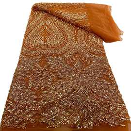 New cloth珠管绣金色亮片蕾丝面料手工刺绣礼服婚纱 bead sequins