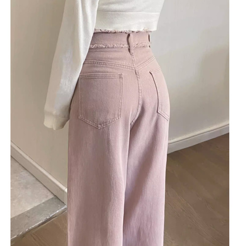 Dirty pink frayed design straight-leg women's autumn loose slim-fitting versatile high-waist wide-leg pants trendy