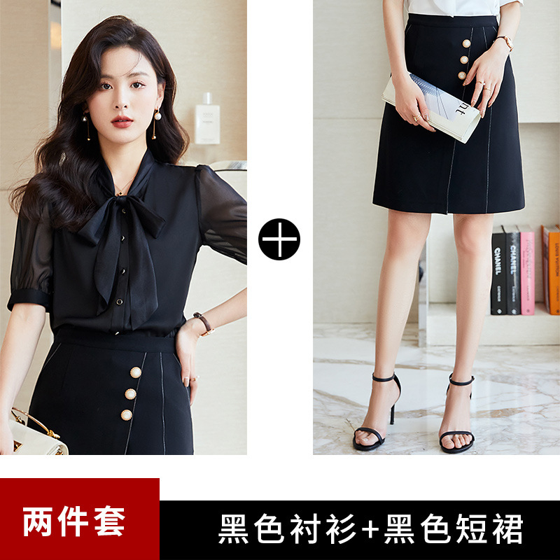 Shirt, black mini-skirt