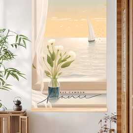 简约现代海边阳台风景假窗户实木卷轴挂画客厅卧室装饰画餐厅壁画