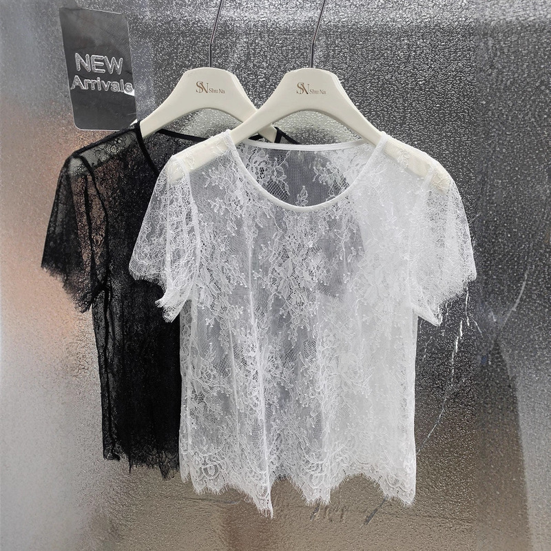 Summer New Fashion Versatile Stylish Slim-Fit Round-Neck Short-Sleeve Lace Top Women's White Hollow-Out Blouse T-Shirt