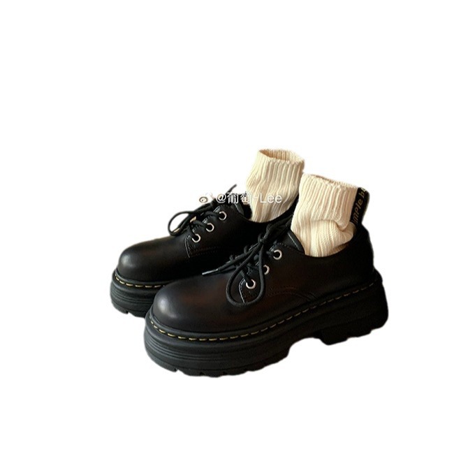 Versión de cuero de vaca ~ Grape Madre con cuero clásico británico correa de altura de fondo grueso zapatos de cuero redondos zapatos de Lefour para mujeres