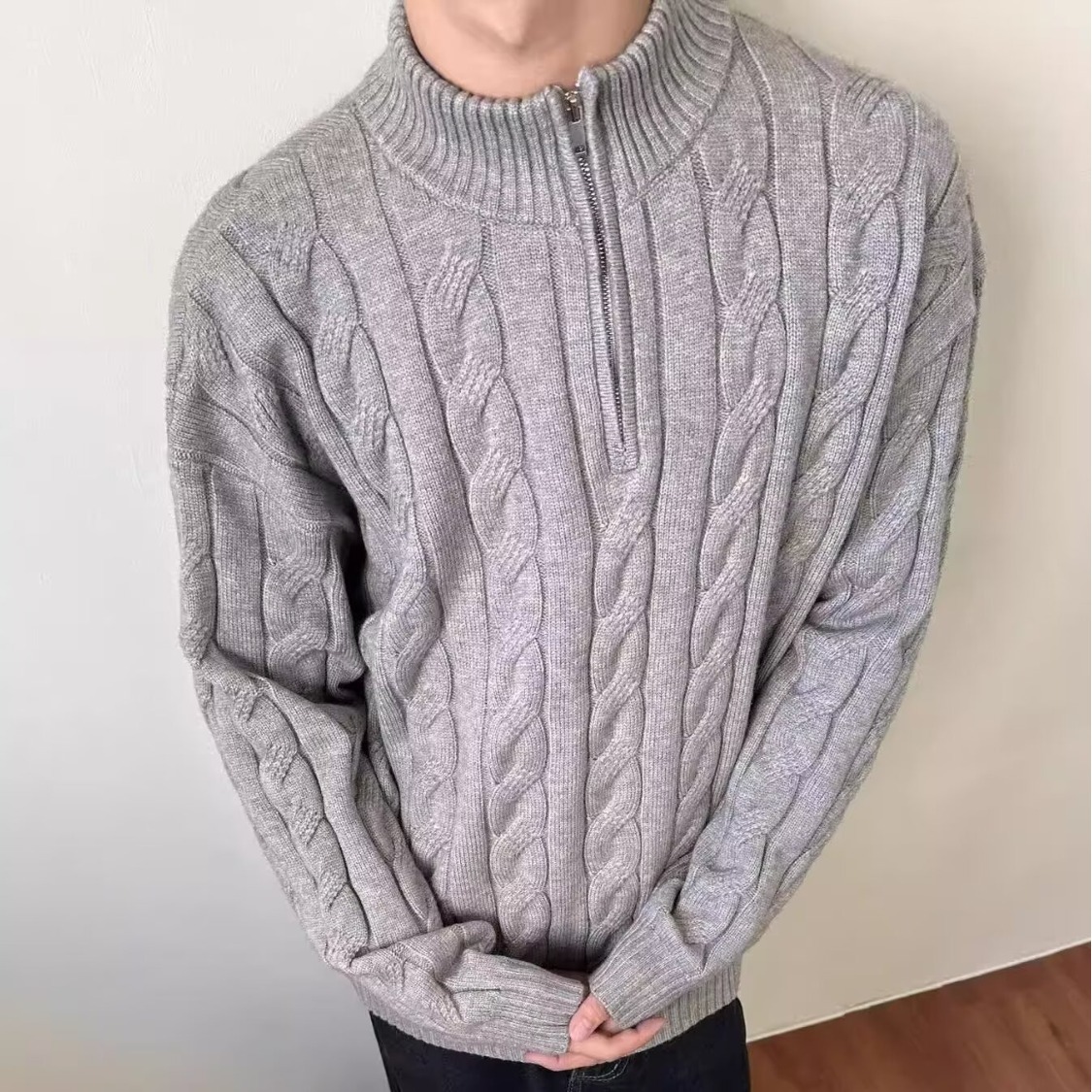 半拉链高领麻花毛衣男款冬季美式保暖内搭针织衫cleanfit线衣外套