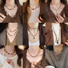 秋冬复古咖色虎眼石珍珠款项链时尚气质锁骨链美拉德高级感项饰女