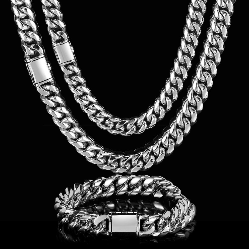 chain necklace, men's titanium steel high-end jewelry, women's flip button lock bone Cuban chain, coarse style_voghion.com