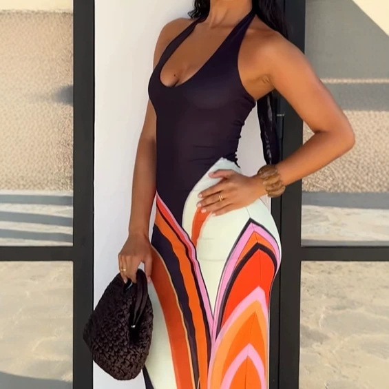 Women's Fashionable Sexy Printed Bodycon Skirt Halter Neck V Neck Color Block Dress Hot Selling_voghion.com