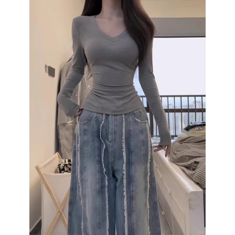 灰色修身V领内搭打底衫2025秋季长袖辣妹正肩掐腰女收腰纯欲上衣|undefined