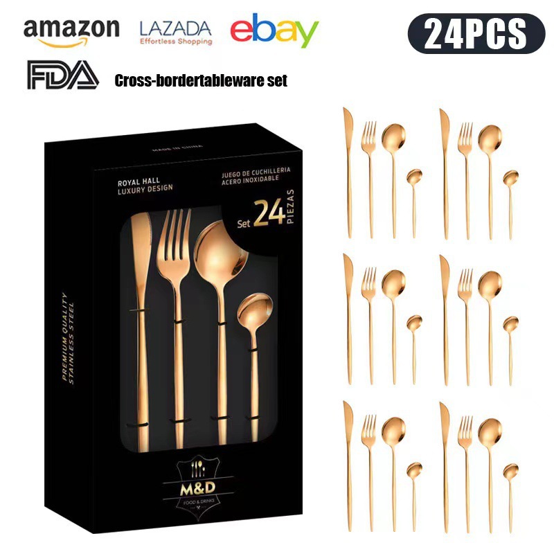 Juego de cuchillo y tenedor de comida occidental portuguesa de acero inoxidable de Amazon transfronterizo Juego de 24 piezas de bistec, cuchillo, tenedor, cuchara, cuchara, juego de cuchara de postre