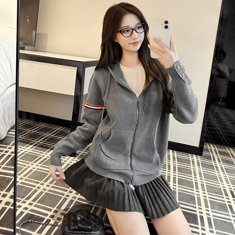 Tb New Double-Sleeve Color-Block Versatile Hooded Knit Cardigan with Double-Ended Zipper Jacket Trendy College Style Unisex