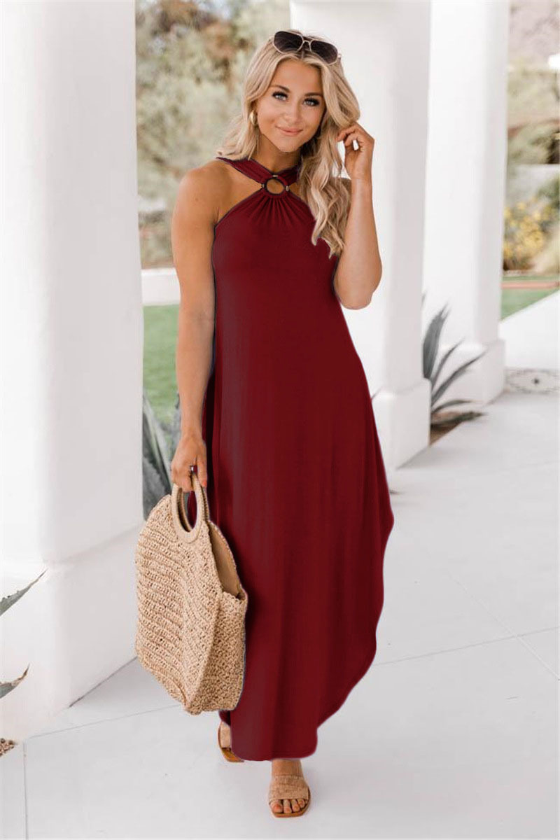 Casual Solid Color Halter Neck Sleeveless Patchwork Polyester Maxi Long Dress Irregular Skirt display picture 4