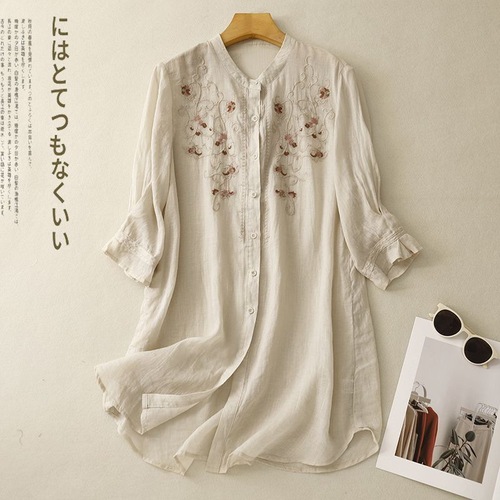 Embroidery Shirt Women's Summer New Fashion Medium Length Loose Seven-Sleeve New Chinese Top 