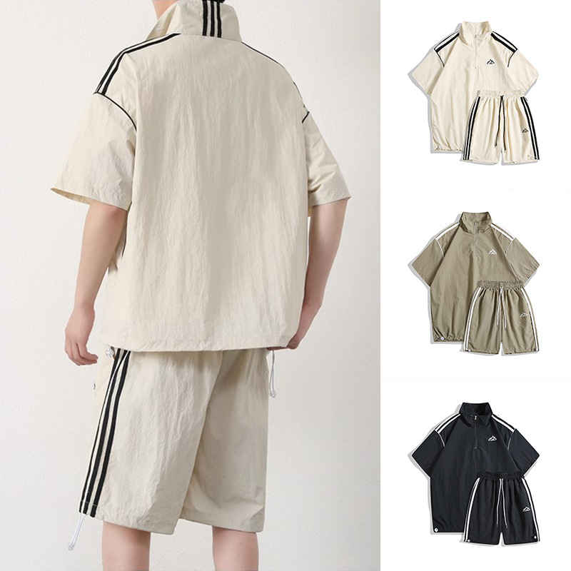 Traje de media cremallera pantalones cortos de manga corta ropa de protección solar de seda de hielo delgada de verano para hombres