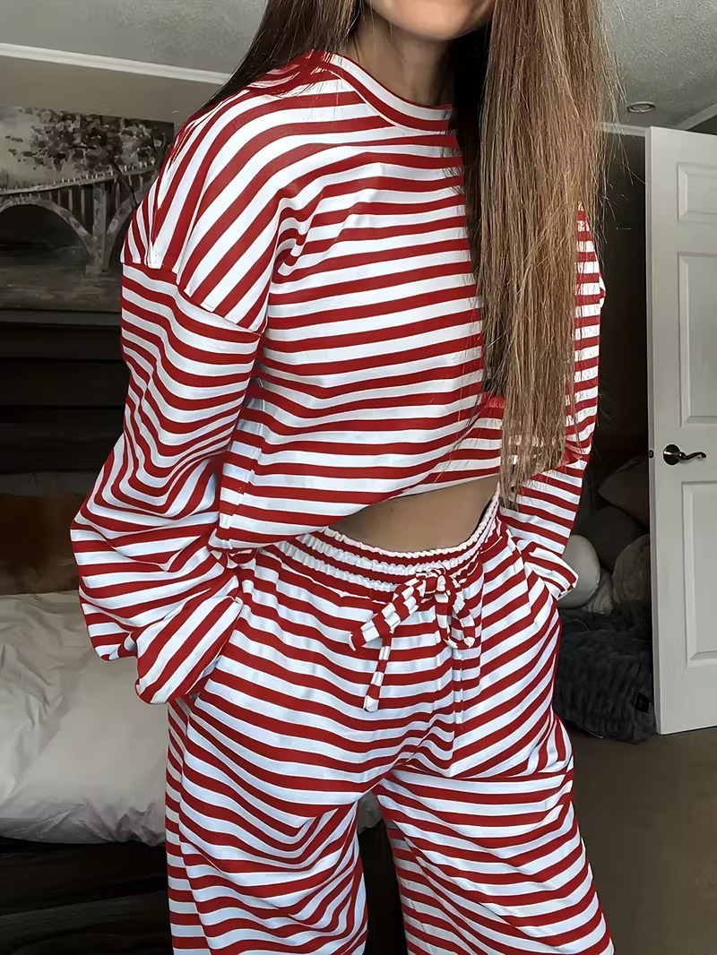 Spring Striped Casual Two-Piece Set: Long-Sleeved Top and High-Waisted Pants