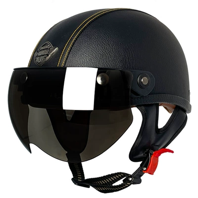 Motosiklet kaskı (dəbilqə) – retro helmet men's and women's - black-and-yellow-line-leather-helmet-w-tea-mirror-m
