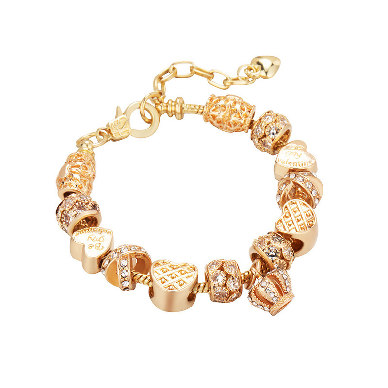 Foreign Trade New Copper KC Gold Diamond Crown Pendant Beaded Charm Bracelet Hollow Love Panjia Bracelet Women