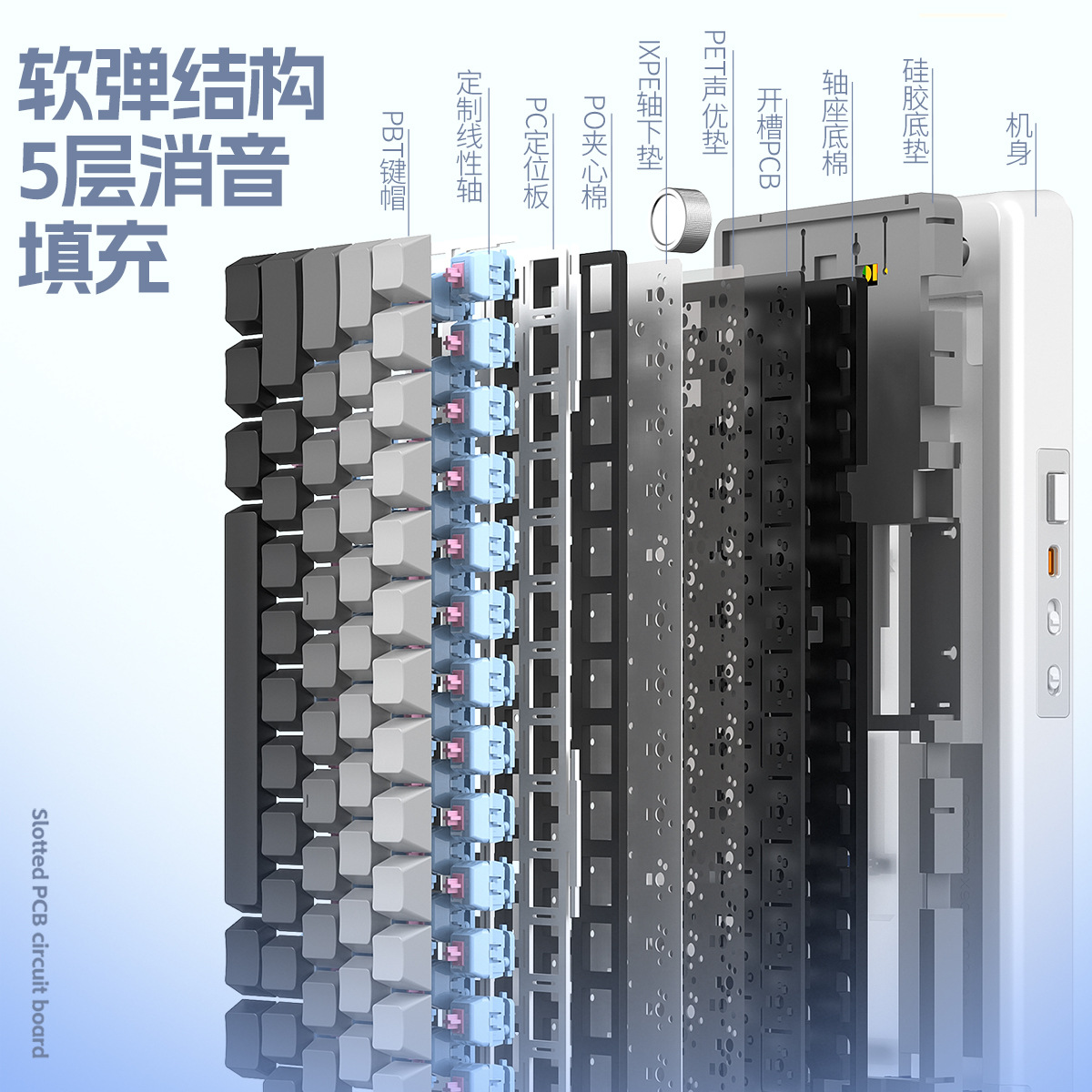 Plata tallado 65S pudín temático de sublimación caliente inalámbrica Bluetooth tres modos teclado mecánico RGB computadora de juegos periféricos cableados