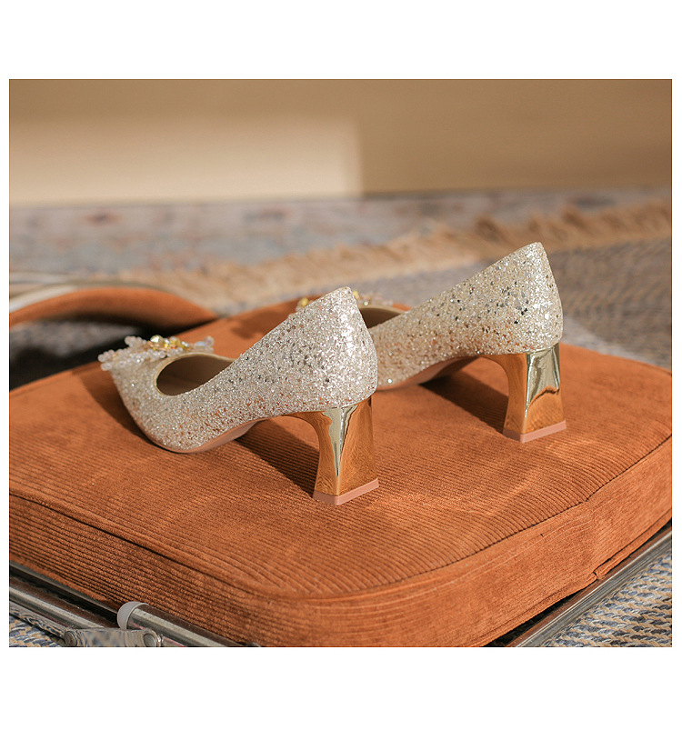 Giày cưới đính sequin mũi nhọn gót vuông cao 6 cm — Màu Sâm panh chi tiết 17