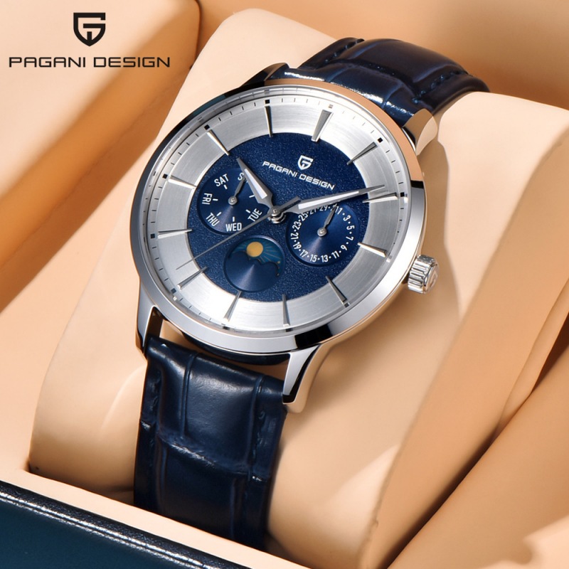 PAGANI DESIGN Erkaklar uchun suv o'tkazmaydigan kvarts soati, taqvim, kun va oy fazasi bilan PD-1789