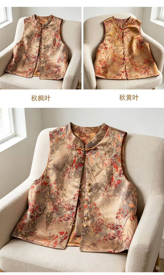 Áo gile không tay dệt jacquard họa tiết nổi, dáng rộng, mặc được hai mặt, dài áo 50–65 cm — Lá phong thu + lá vàng thu, mặc được hai mặt, Lá phong đỏ + lá phong thu, mặc được hai mặt, Lá vàng mùa thu + lá phong đỏ, mặc được hai mặt, Đỏ rực + Xanh ô liu, mặc được hai mặt chi tiết 6