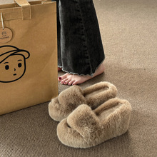 小个子坡跟超高毛毛拖鞋女外穿秋冬居家毛茸茸白色高跟一字拖防滑