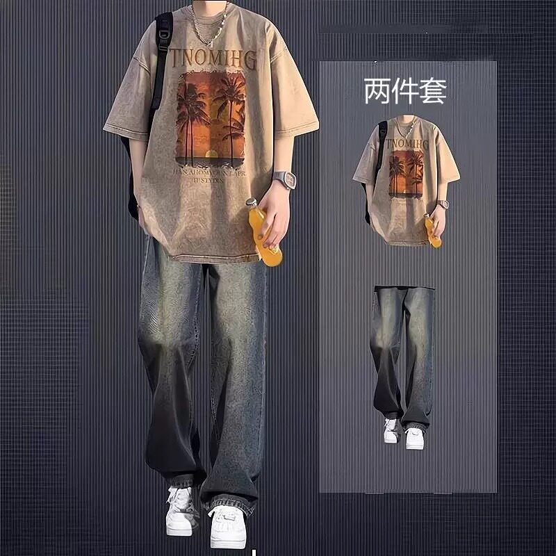 Teenagers' Washed Short-Sleeved T-Shirt Men's Summer Casual Suit American Retro Pure Cotton Trendy Outfit with Jeans