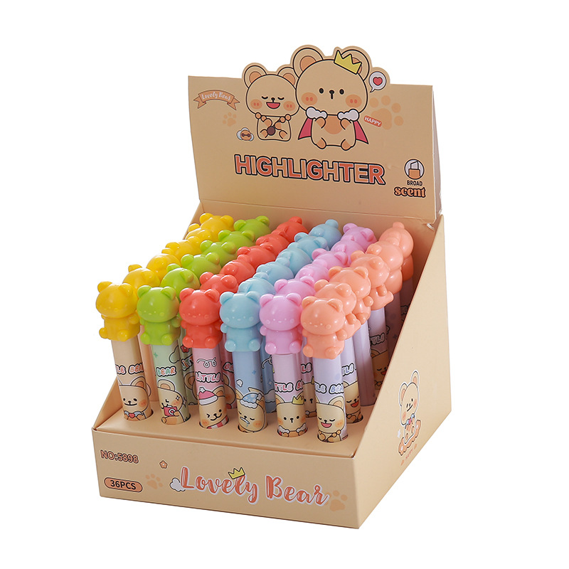 Exhibición en caja resaltador de oso, papelería para estudiantes, resaltador oblicuo de alto valor, marcador de clase, libro de mano de color