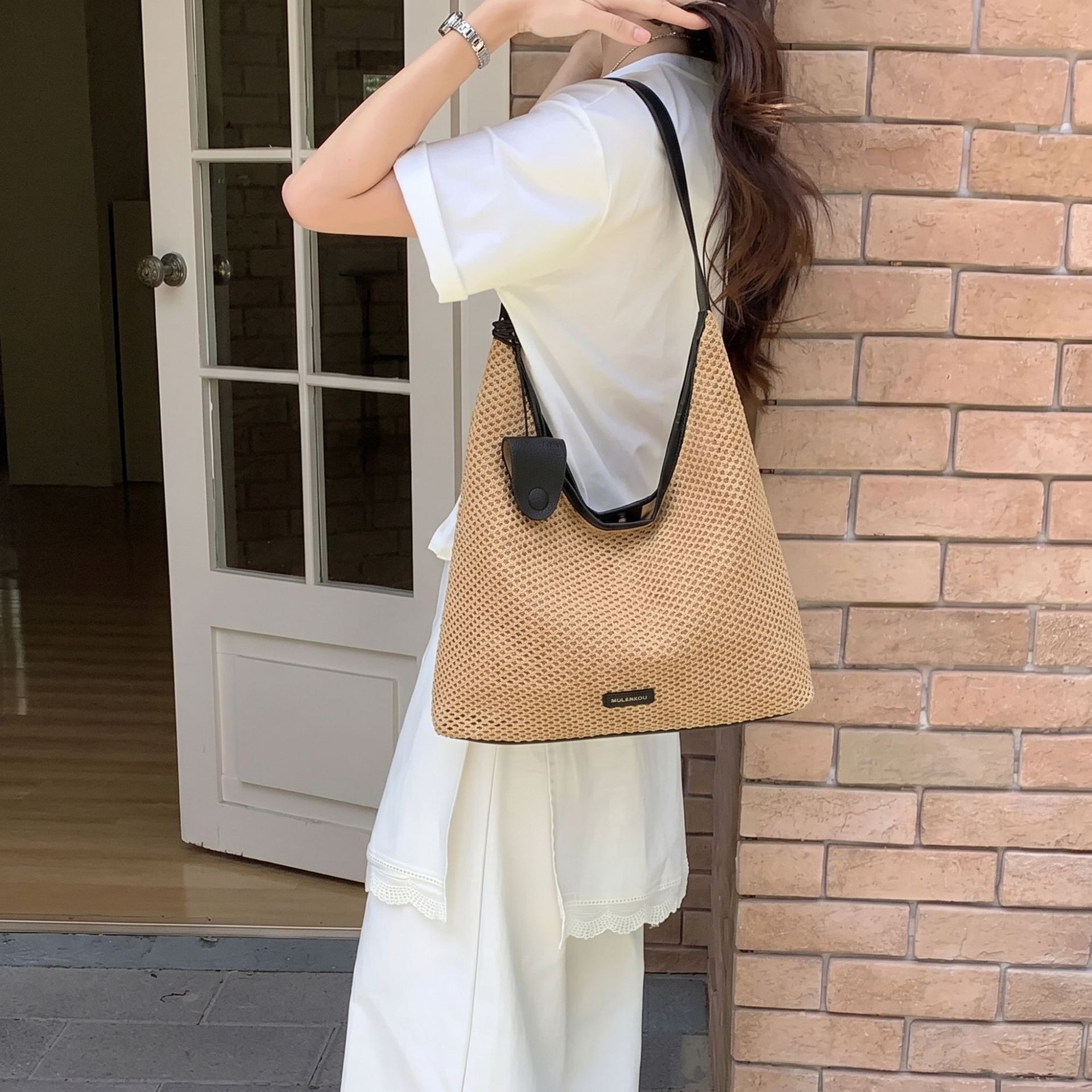 Sommerliche Stroh-Einkaufstasche im französischen Stil, Strandtasche, gestreift, gewebt, 2026_voghion.com