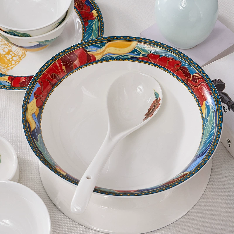 National Trend Peony Ceramic Tableware 16 Skull and Porcelain Gift Combination Gift New Chinese Spoons Bowls and Dish Thermal Transfer Tableware