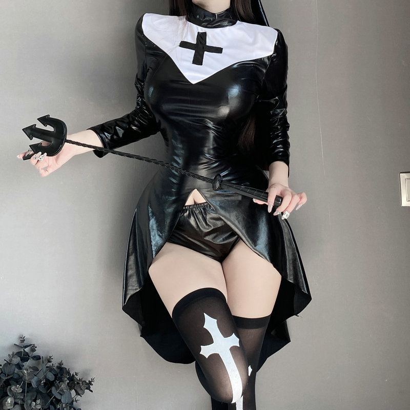 European and American Halloween Cos Cosplay Costume Sexy Pu Leather Skirt Nun Suit Witch Dark Gothic Uniform