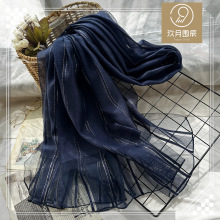 跨境外贸高级感长条真丝丝巾女士新款优雅金线披肩镂空条纹围巾