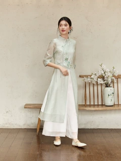 原创设计新中式茶服七分袖修身绣花套装立领连衣裙禅