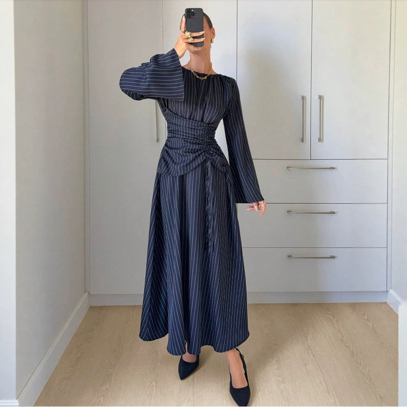 New Cross-Border Style Vertical Striped Long-Sleeve Long Dress, Round Neck, Ruched Waist, Slimming, High-End Feel, Office Dress New Cross-Border Style Vertical Striped Long-Sleeve Long Dress, Round Neck, Ruched Waist, Slimming, High-End Feel, Office Dress