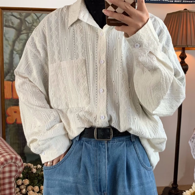 Lace Cut Out Shirt Men's Long-Sleeved Niche Design Sexy Men's Korean Style Summer Thin Slightly See-Through Sun Protection Top