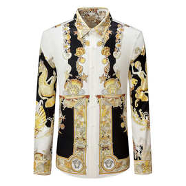 欧美潮牌春秋高级感宫廷轻奢商务休闲个性防皱免烫修身长袖衬衫男