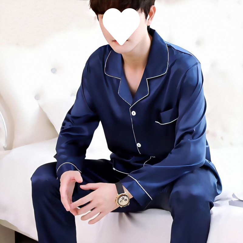 남성용 잠옷 봄, 가을 얼음 실크 긴팔 얇은 루즈 스타일 청년 및 중년 남성 잠옷 캐주얼 실크 가정복 세트