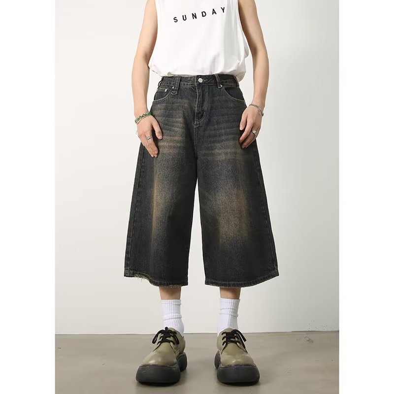 Summer Niche All-match American Style Retro Old Blue Denim Shorts Men's Loose Straight Wide Leg Cropped Pants Draped