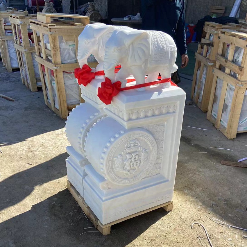 中式石雕小象抱鼓石汉白玉门墩石鼓摆件门口方抱圆雕塑厂家批发