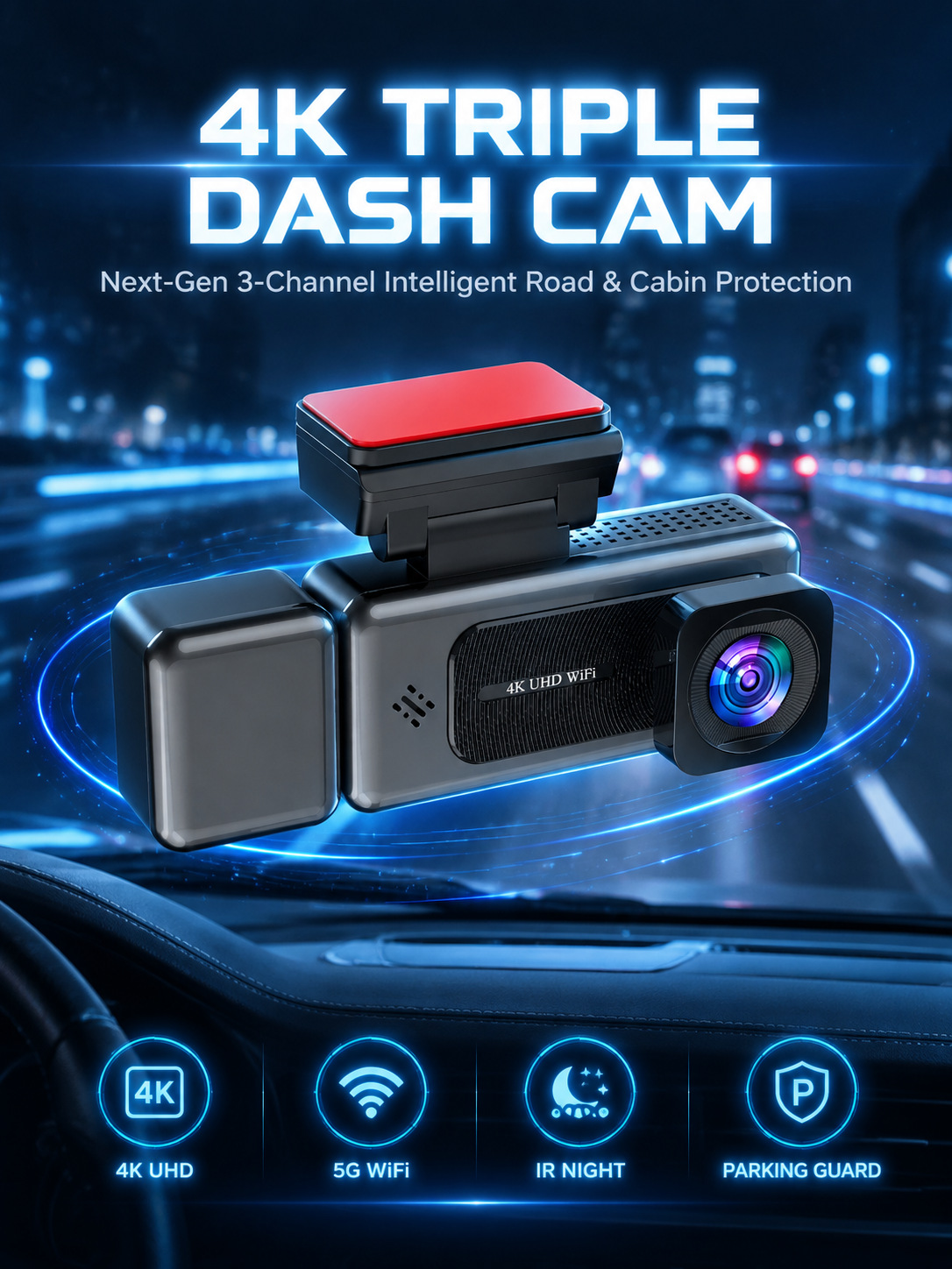 3.18inch Cross-border Dash Cam WiFi Connectivity HD 4K Triple Lens Parking Monitoring Night Vision Car DVR