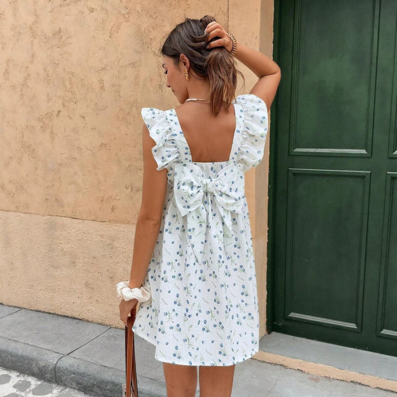 Cross-Border European and American Style Color-Blocked Side Twist Summer Casual Mini Dress Bohemian Style Women's Clothing