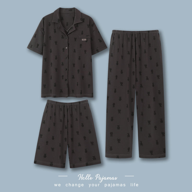 Pijamas de tres piezas para hombre verano 100% algodón pantalones de manga corta traje Delgado verano dibujos animados más tamaño homewear