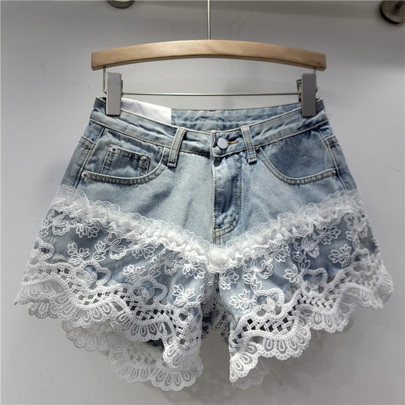 Pantalones Cortos Vaqueros Corte A de Cintura Alta con Bordado de Encaje