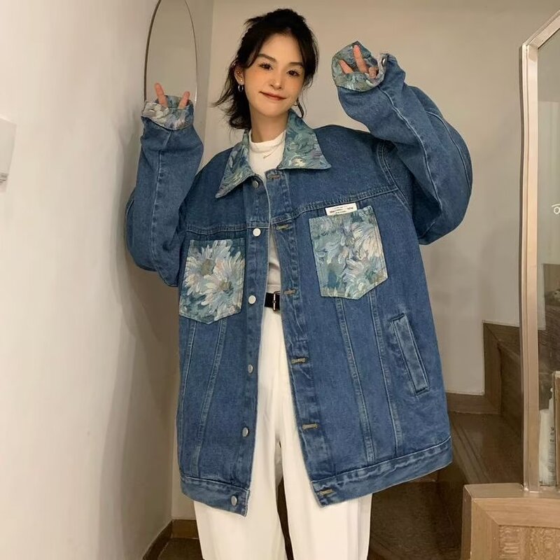 秋冬新款美式复古百搭牛仔外套男女机车潮牌翻领夹克宽松休闲上衣|undefined