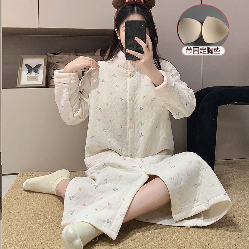 Xiyue with Fixed Breast Pad Air Cotton Sandwich Nursing Long Skirt Autumn and Winter Pregnant Women Pregnancy Period Plus Warm Nightgown
